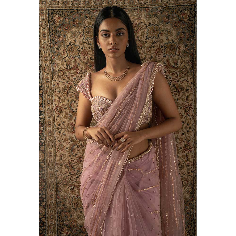 Jigar and Nikita Pink Saree With Stitched Blouse And Petticoat