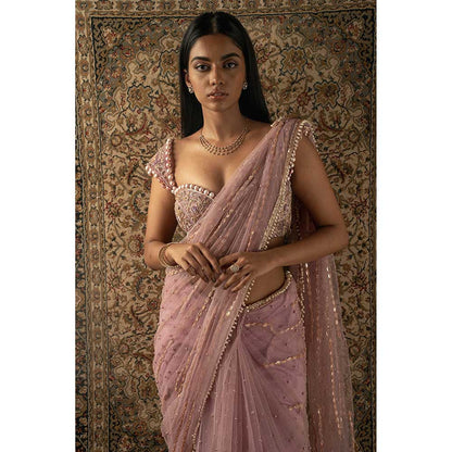 Jigar and Nikita Pink Saree With Stitched Blouse And Petticoat