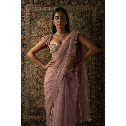 Jigar and Nikita Pink Saree With Stitched Blouse And Petticoat