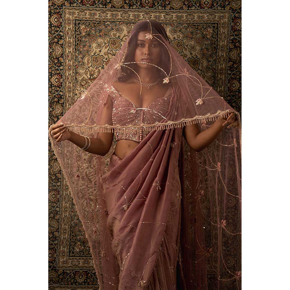 Jigar and Nikita Pink Saree With Stitched Blouse And Petticoat