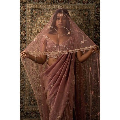 Jigar and Nikita Pink Saree With Stitched Blouse And Petticoat