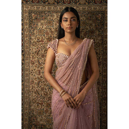 Jigar and Nikita Pink Saree With Stitched Blouse And Petticoat