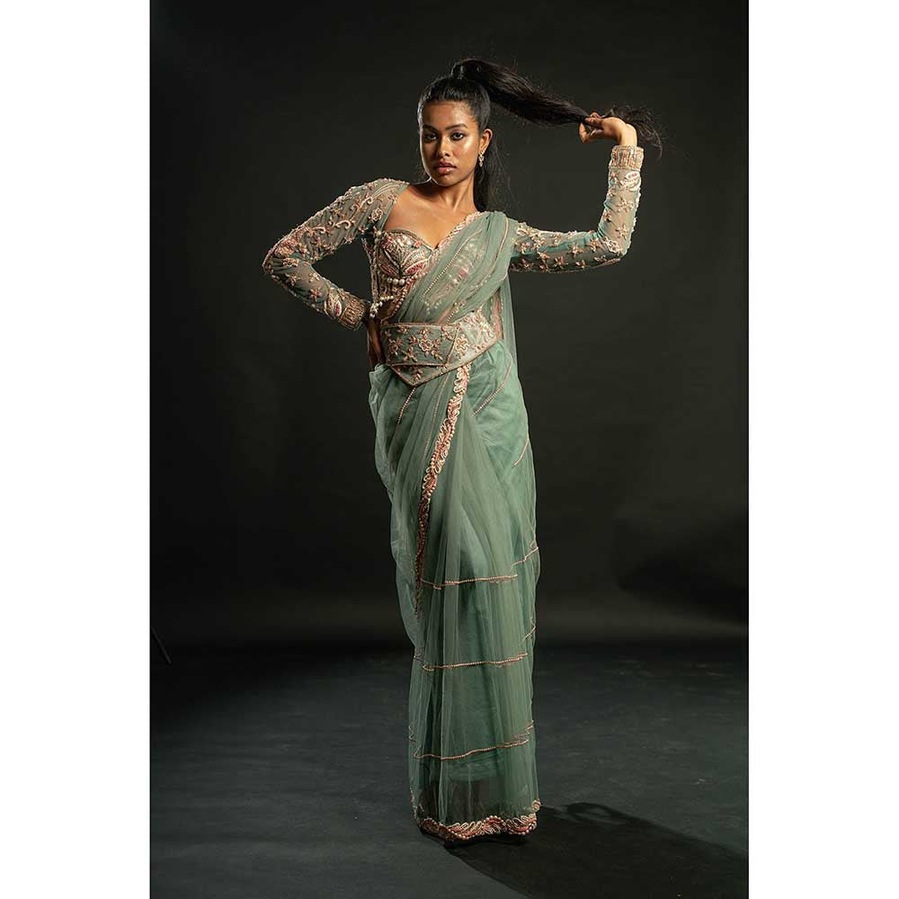 Jigar and Nikita Turquoise Saree With Stitched Blouse And Petticoat