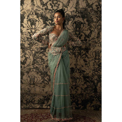 Jigar and Nikita Turquoise Saree With Stitched Blouse And Petticoat
