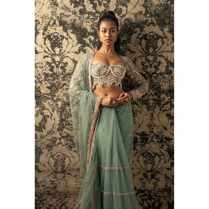 Jigar and Nikita Turquoise Saree With Stitched Blouse And Petticoat