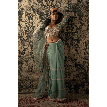 Jigar and Nikita Turquoise Saree With Stitched Blouse And Petticoat