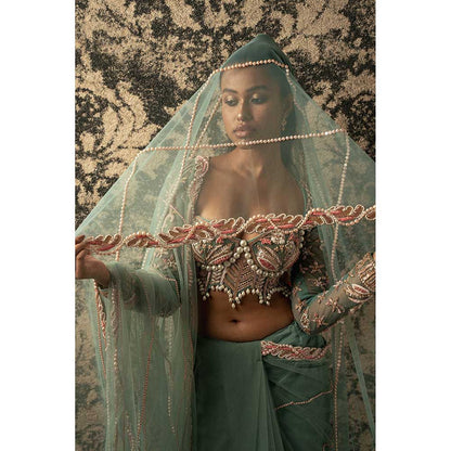 Jigar and Nikita Turquoise Saree With Stitched Blouse And Petticoat