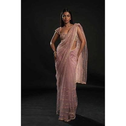 Jigar and Nikita Pink Net Saree With Stitched Blouse And Petticoat