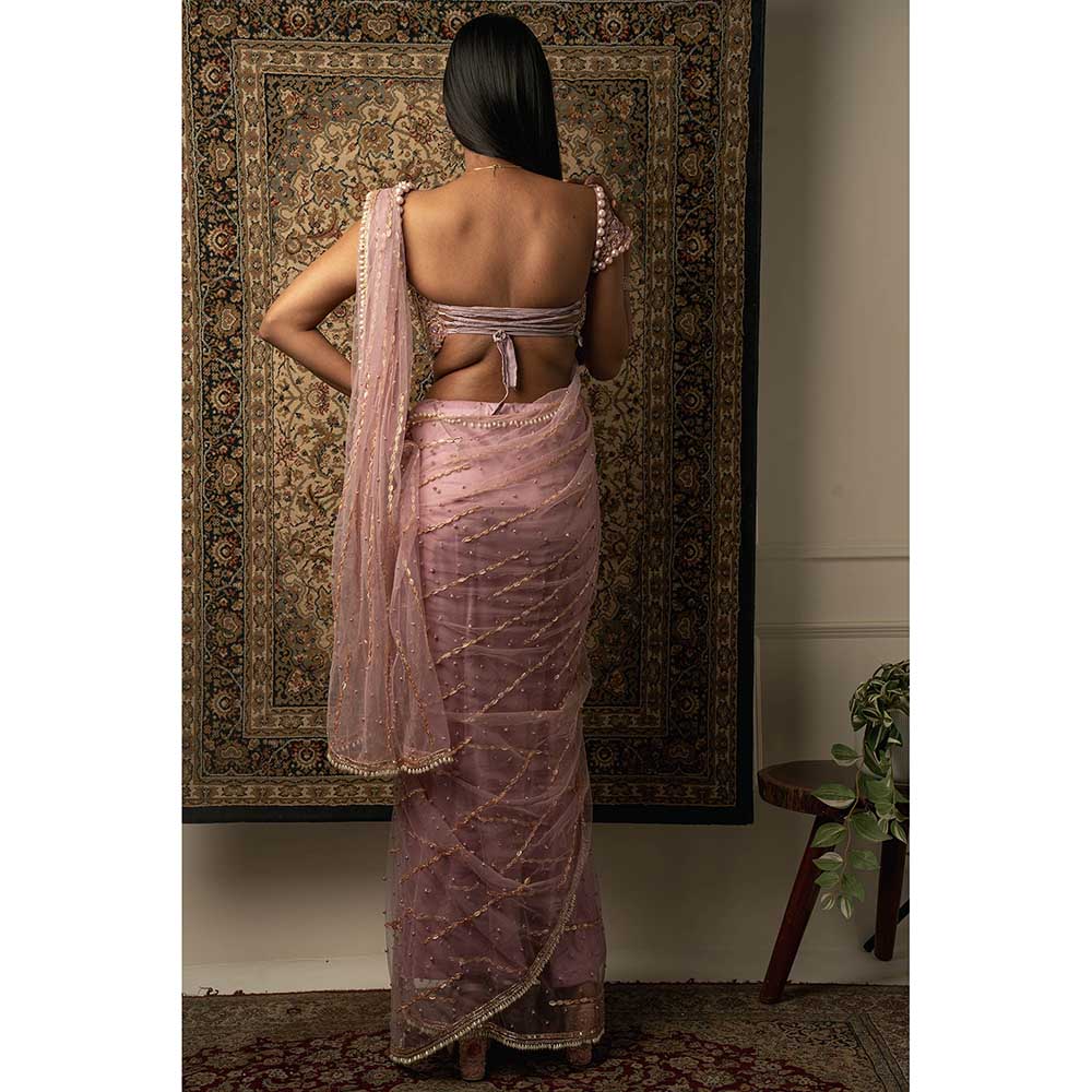 Jigar and Nikita Pink Net Saree With Stitched Blouse And Petticoat