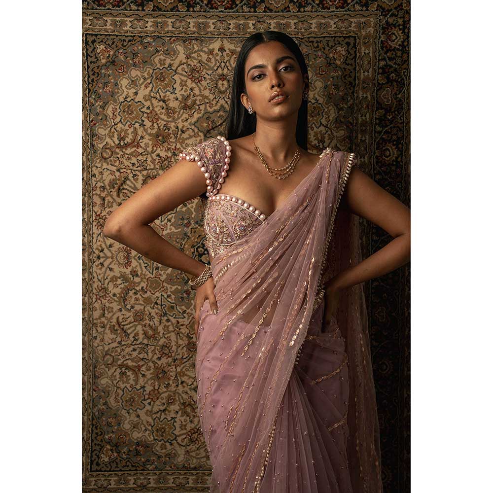 Jigar and Nikita Pink Net Saree With Stitched Blouse And Petticoat