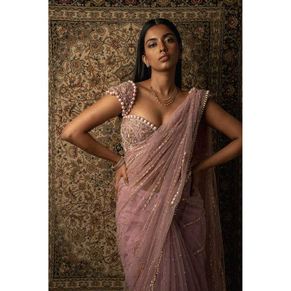 Jigar and Nikita Pink Net Saree With Stitched Blouse And Petticoat