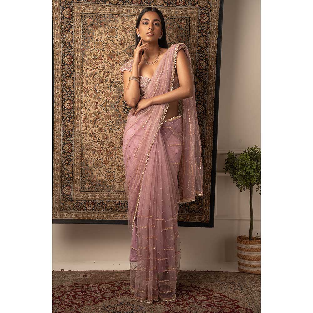 Jigar and Nikita Pink Net Saree With Stitched Blouse And Petticoat