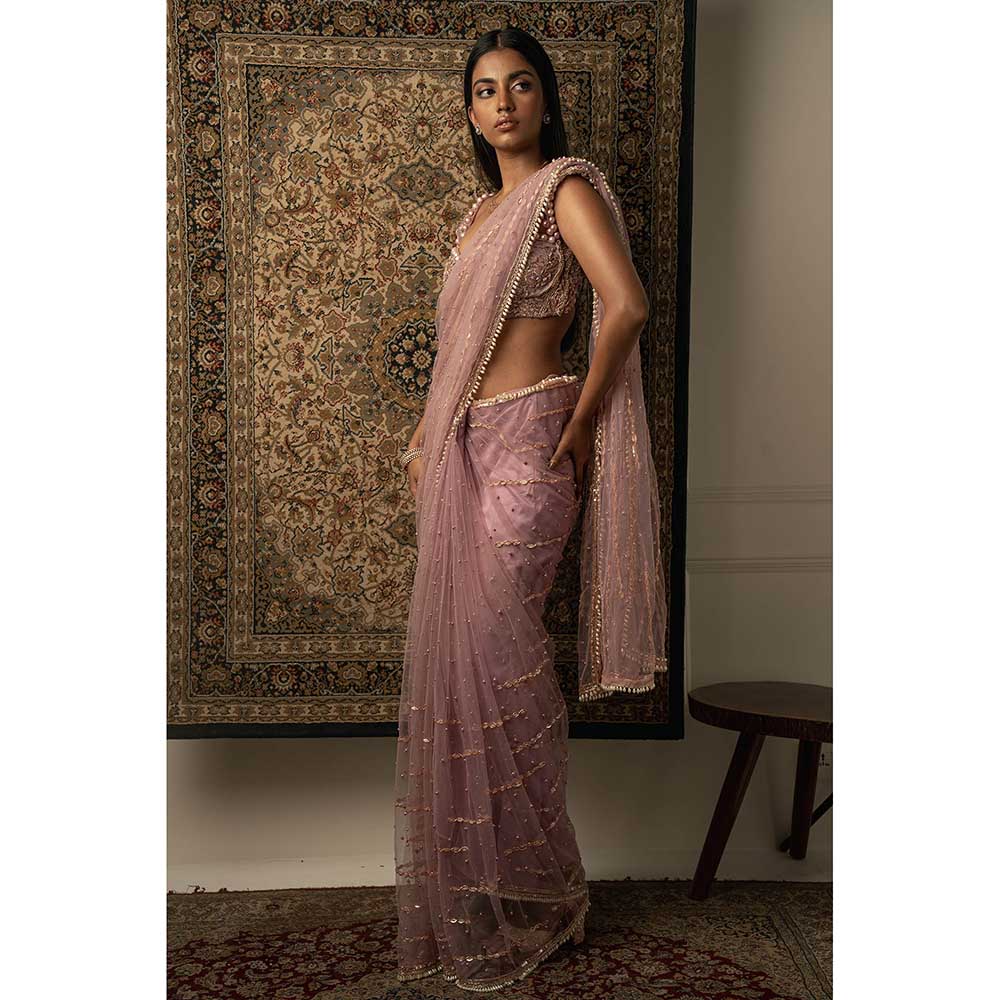 Jigar and Nikita Pink Net Saree With Stitched Blouse And Petticoat