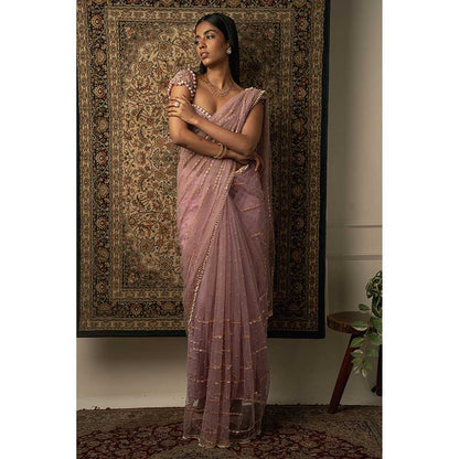 Jigar and Nikita Pink Net Saree With Stitched Blouse And Petticoat