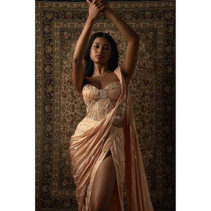 Jigar and Nikita Peach Silk Pre-Draped Saree With Stitched Blouse