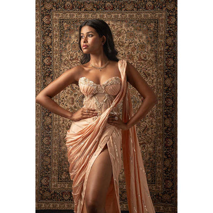 Jigar and Nikita Peach Silk Pre-Draped Saree With Stitched Blouse
