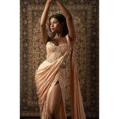 Jigar and Nikita Peach Silk Pre-Draped Saree With Stitched Blouse