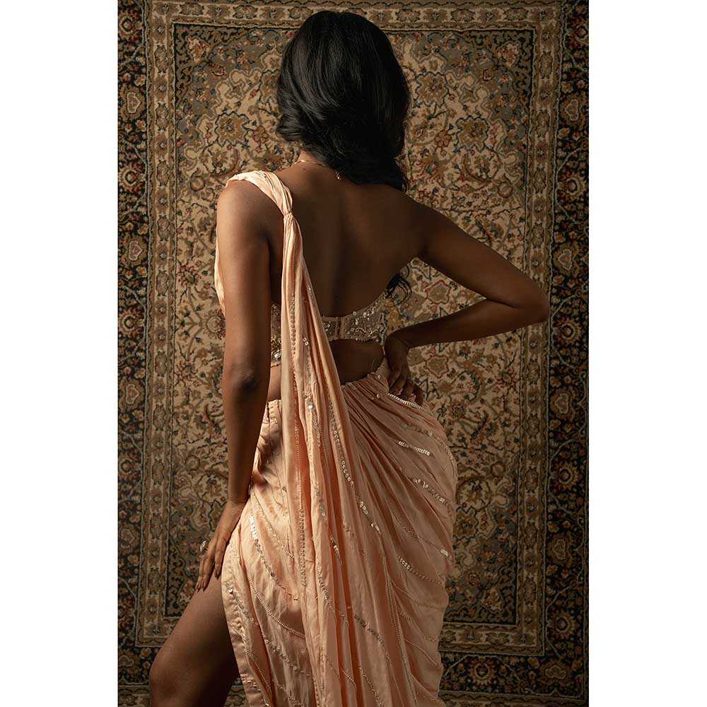 Jigar and Nikita Peach Silk Pre-Draped Saree With Stitched Blouse