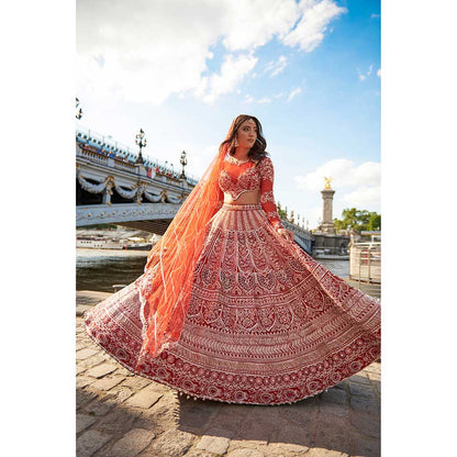 Jigar and Nikita Full Sleeve Red Lehenga with Blouse and Dupatta (Set of 3)