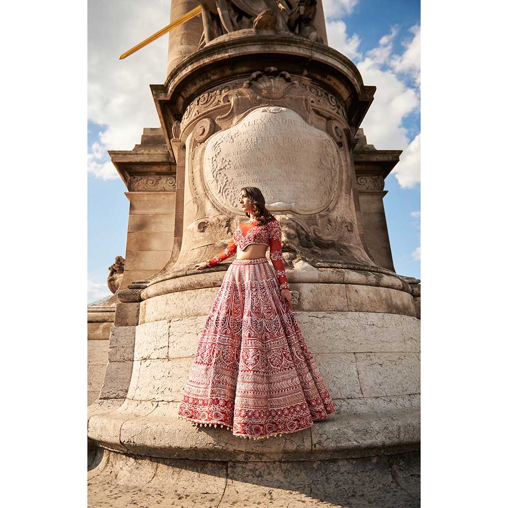 Jigar and Nikita Full Sleeve Red Lehenga with Blouse and Dupatta (Set of 3)