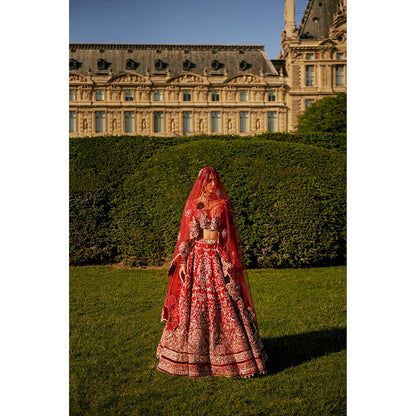 Jigar and Nikita Red Lehenga with Blouse and Dupatta (Set of 3)