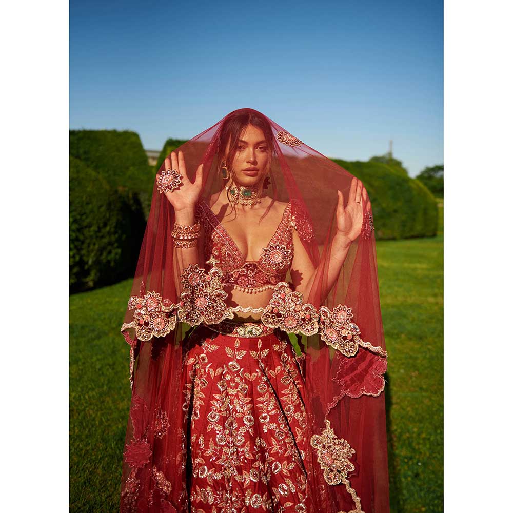 Jigar and Nikita Red Lehenga with Blouse and Dupatta (Set of 3)