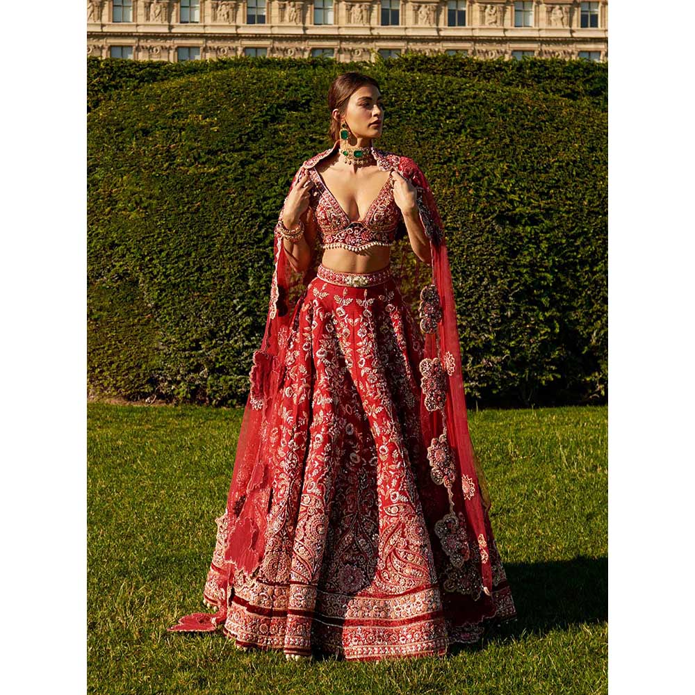 Jigar and Nikita Red Lehenga with Blouse and Dupatta (Set of 3)