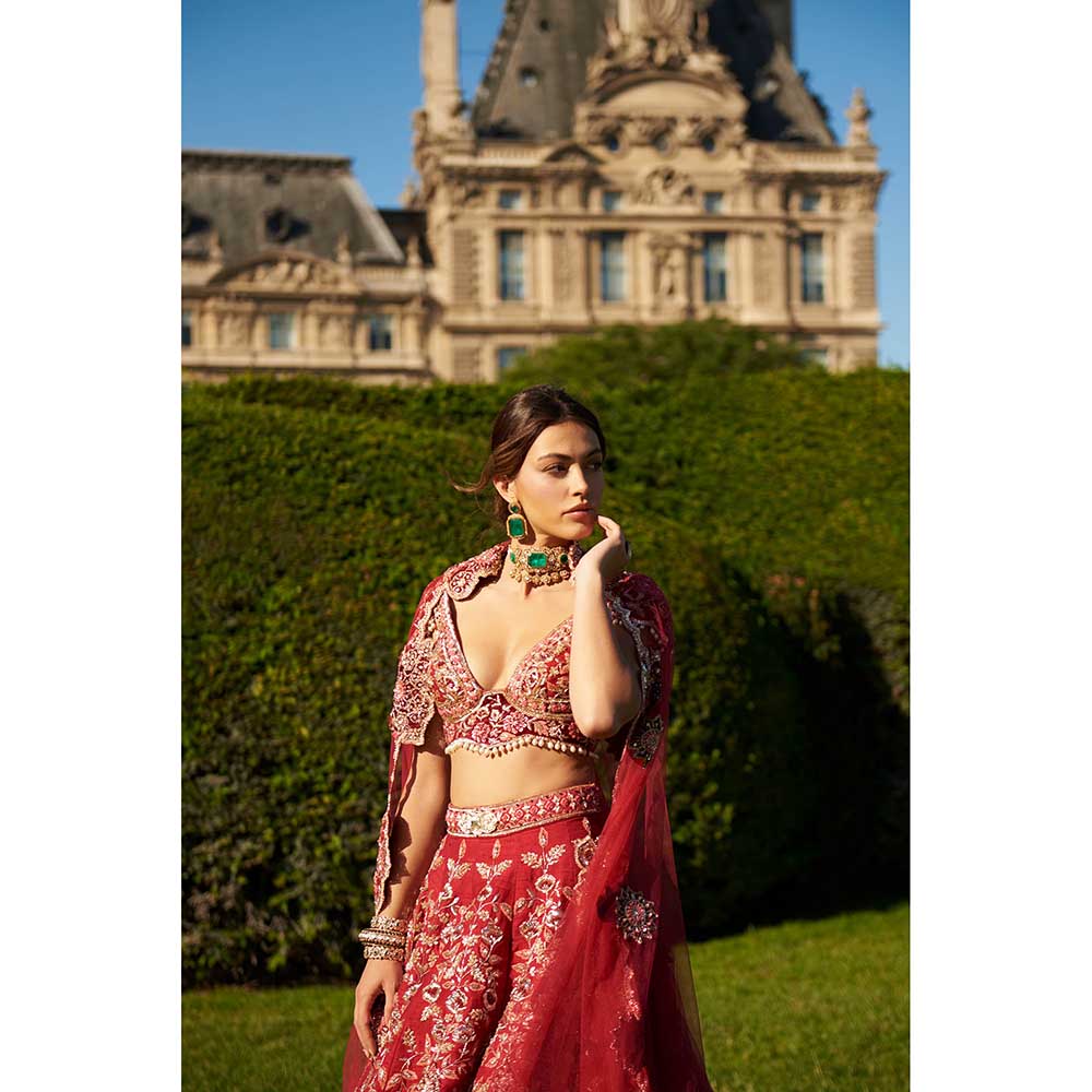Jigar and Nikita Red Lehenga with Blouse and Dupatta (Set of 3)