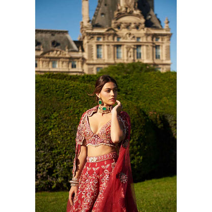 Jigar and Nikita Red Lehenga with Blouse and Dupatta (Set of 3)