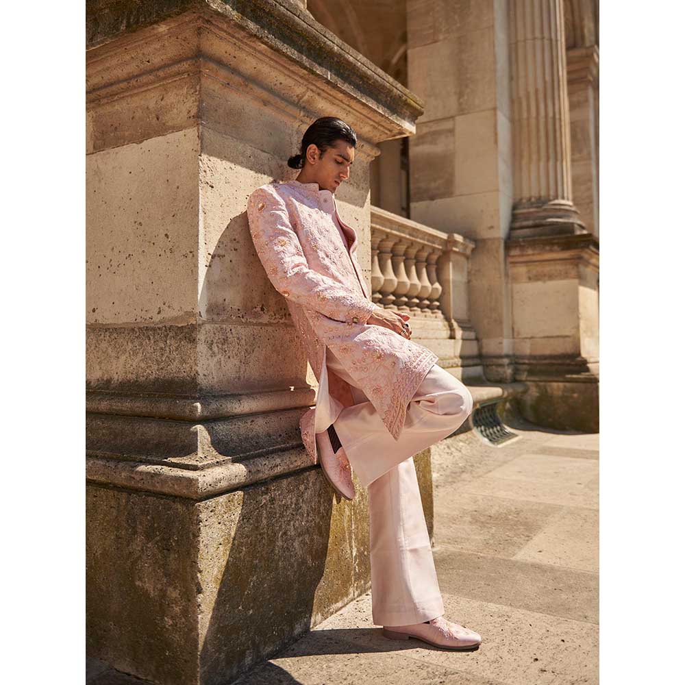 Jigar and Nikita Men'S Blush Pink Embellished Sherwani with Trouser and Dupatta (Set of 3)