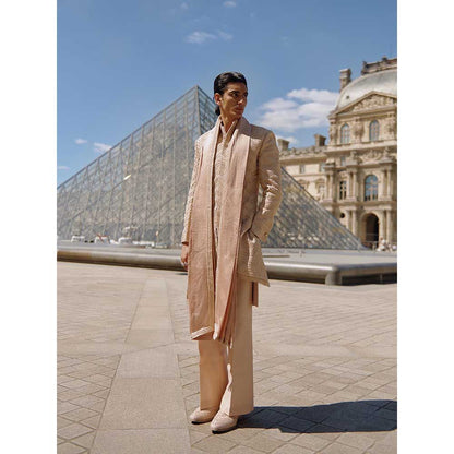 Jigar and Nikita Men'S Apricot Embellished Sherwani with Trouser and Dupatta (Set of 3)