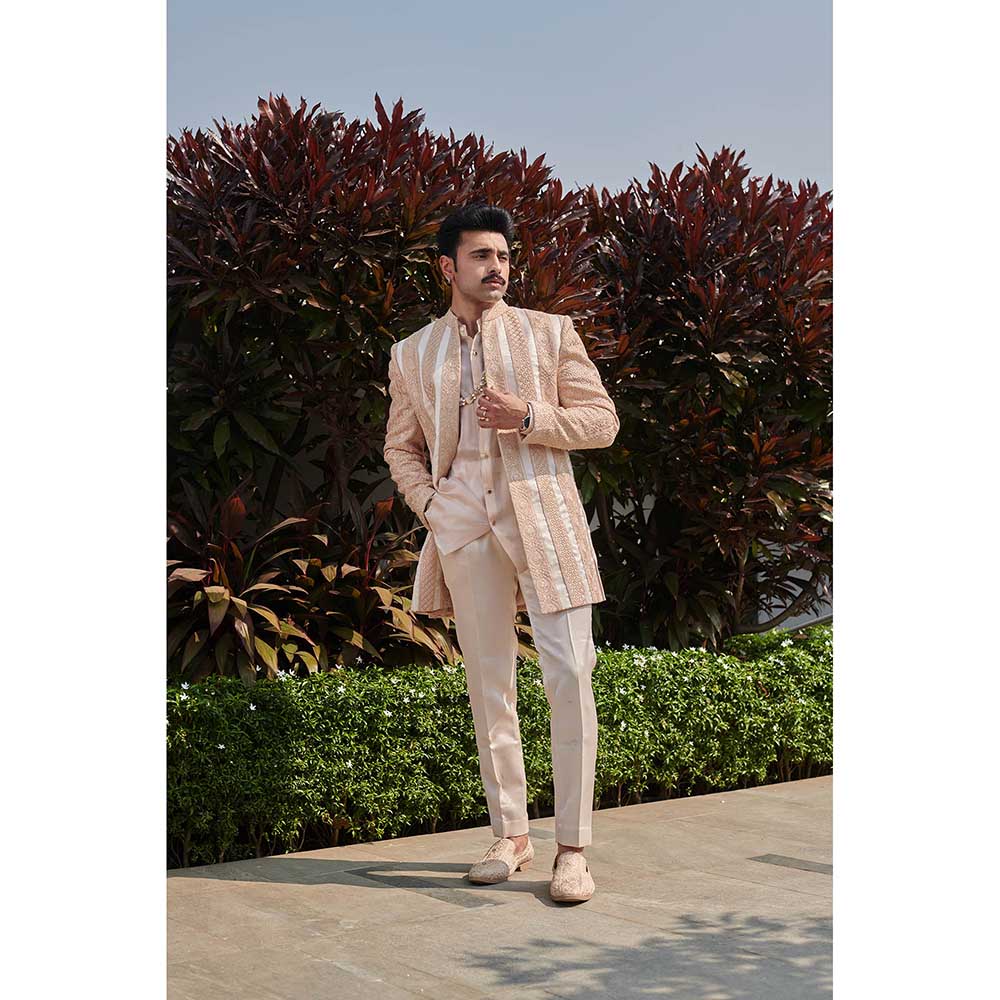 Jigar and Nikita Peach Threaded Triumph Jacket with Shirt and Pant (Set of 3)