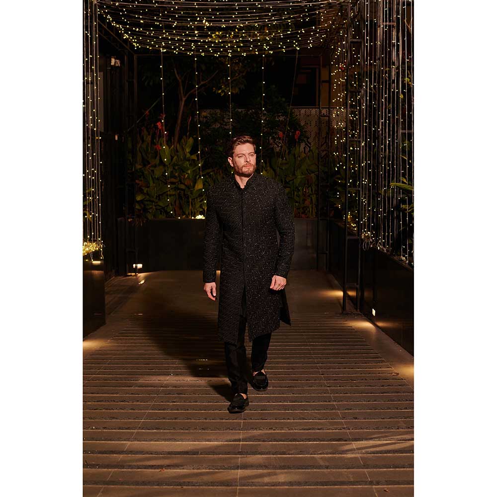 Jigar and Nikita Black Jason Sherwani with Kurta and Pant (Set of 3)