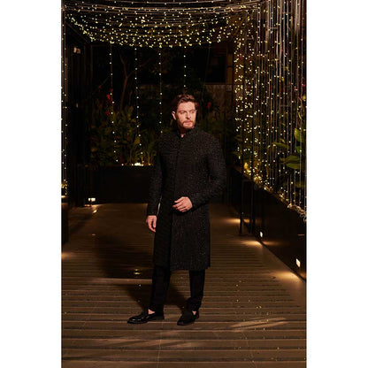Jigar and Nikita Black Jason Sherwani with Kurta and Pant (Set of 3)