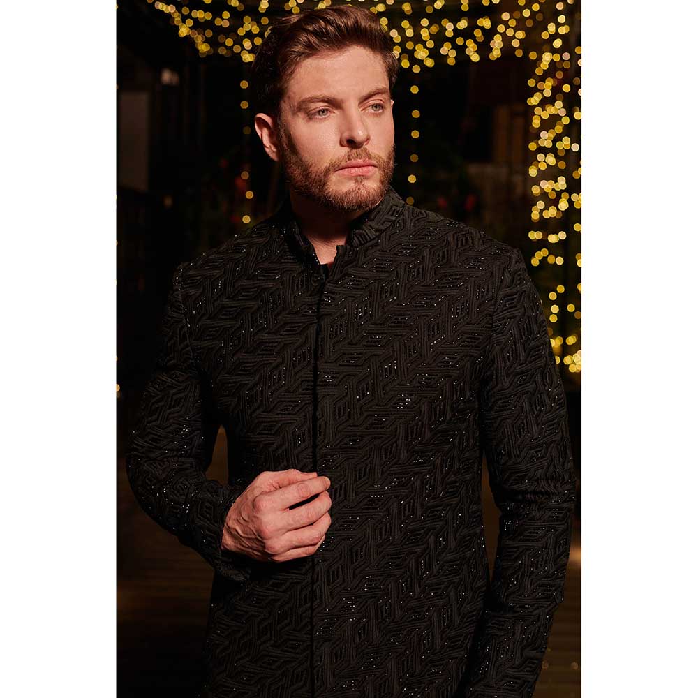 Jigar and Nikita Black Jason Sherwani with Kurta and Pant (Set of 3)