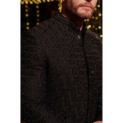 Jigar and Nikita Black Jason Sherwani with Kurta and Pant (Set of 3)
