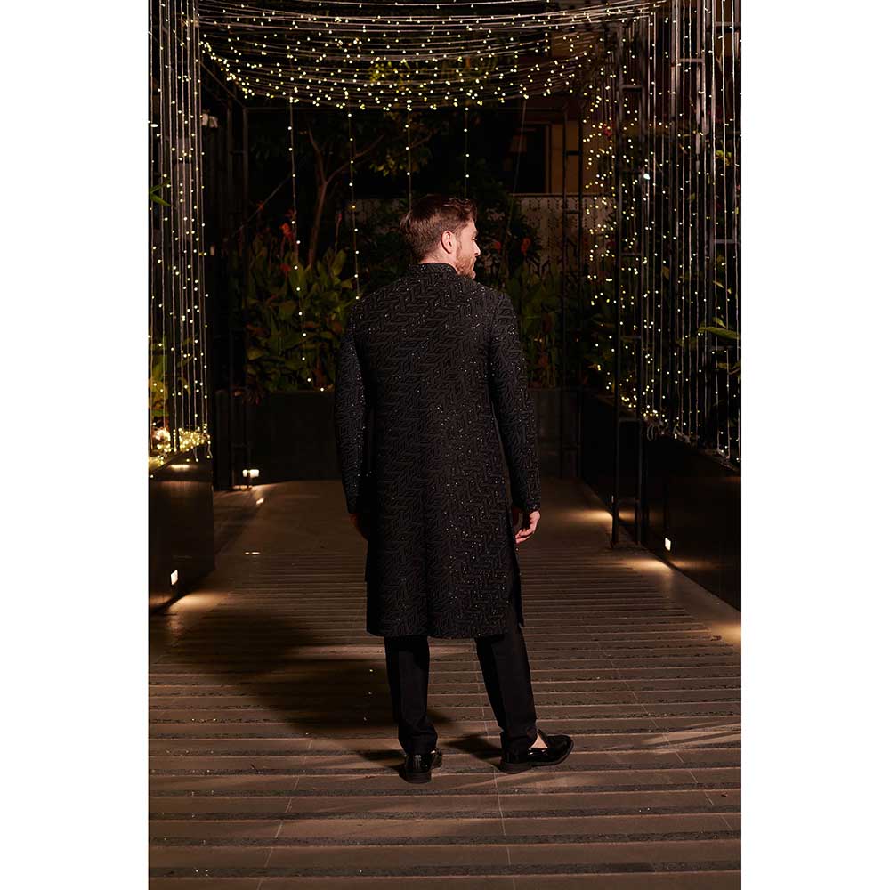 Jigar and Nikita Black Jason Sherwani with Kurta and Pant (Set of 3)
