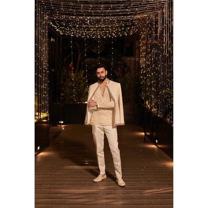 Jigar and Nikita Cream Impression Jacket with Short Kurta and Pant (Set of 3)