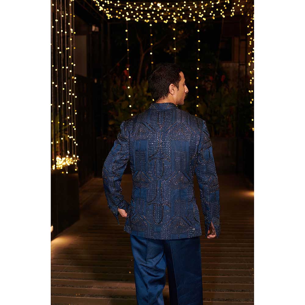 Jigar and Nikita Navy Blue Hitch Royal Jacket with Shirt and Pant (Set of 3)
