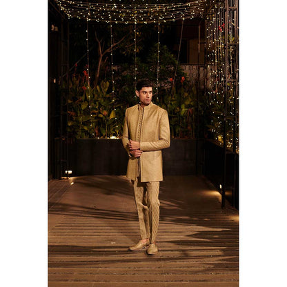 Jigar and Nikita Gold Opulent Oath Jacket with Short Kurta and Pant (Set of 3)