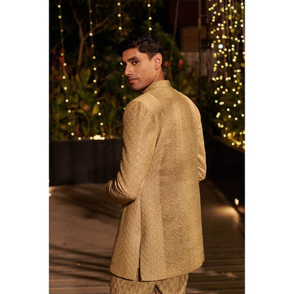 Jigar and Nikita Gold Opulent Oath Jacket with Short Kurta and Pant (Set of 3)