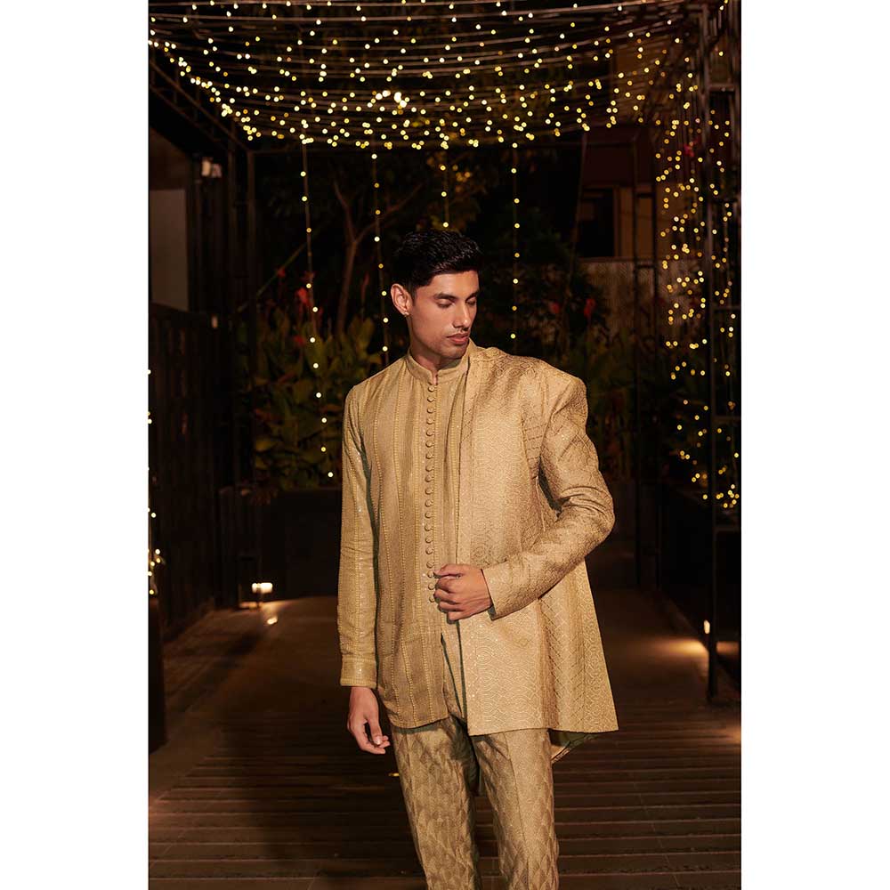 Jigar and Nikita Gold Opulent Oath Jacket with Short Kurta and Pant (Set of 3)