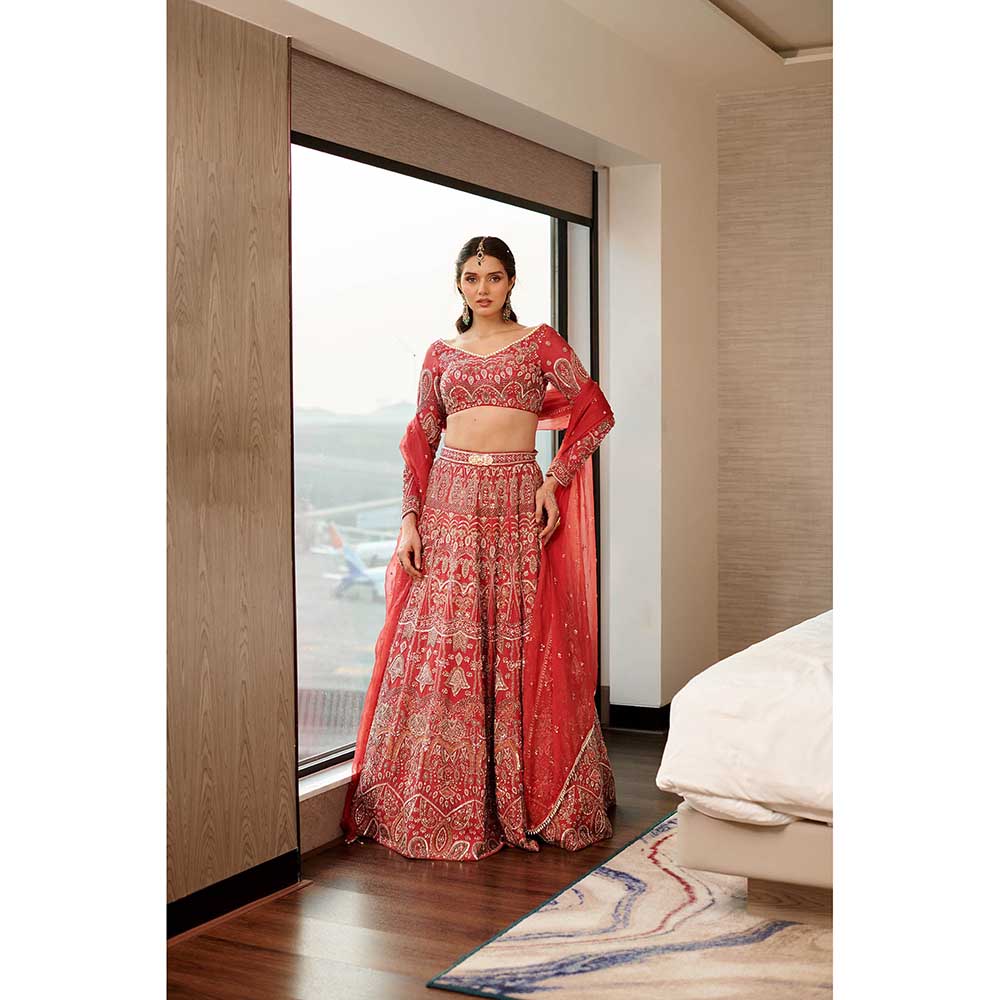 Jigar and Nikita Red Radiance Elegance Lehenga with Blouse and Dupatta (Set of 3)