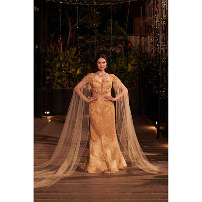 Jigar and Nikita Yellow Shower Lehenga with Blouse and Cape (Set of 3)