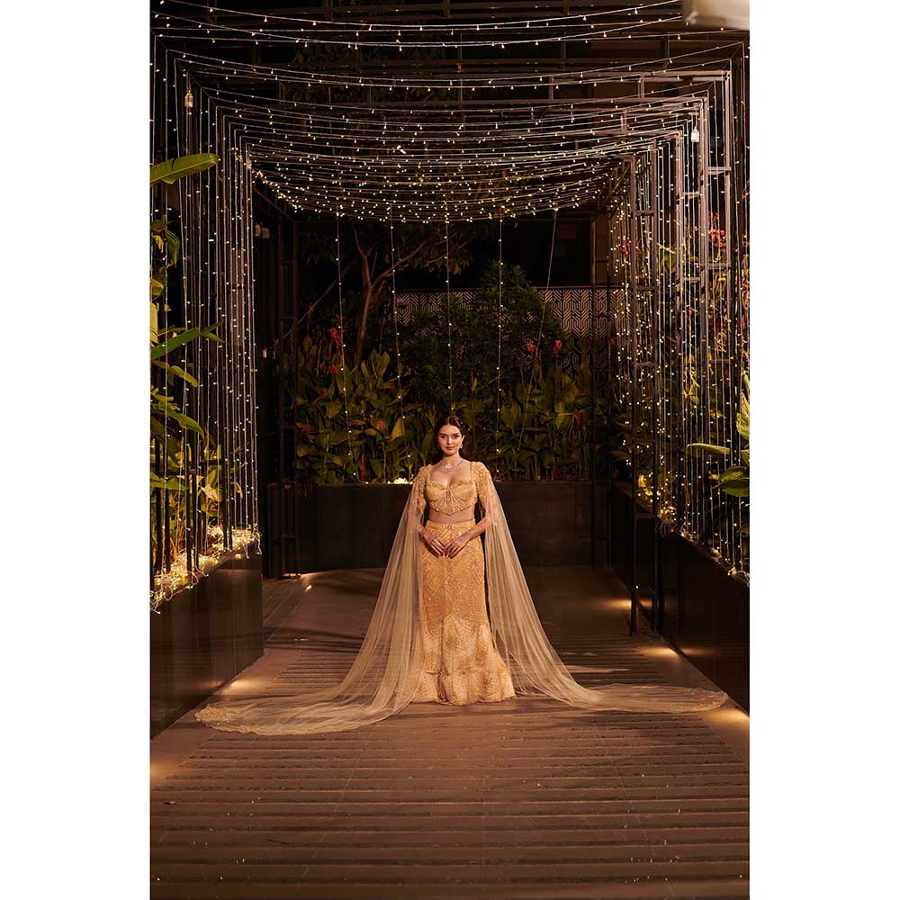 Jigar and Nikita Yellow Shower Lehenga with Blouse and Cape (Set of 3)