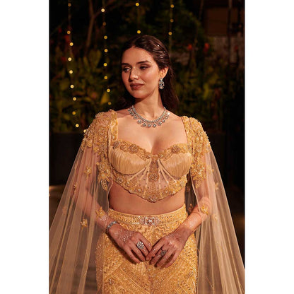 Jigar and Nikita Yellow Shower Lehenga with Blouse and Cape (Set of 3)