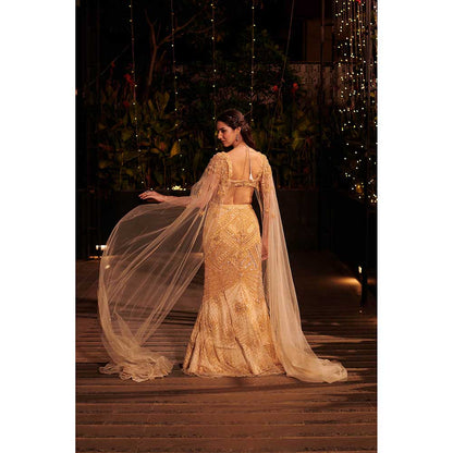 Jigar and Nikita Yellow Shower Lehenga with Blouse and Cape (Set of 3)