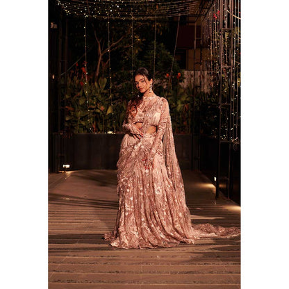 Jigar and Nikita Pink Affair Drape Dupatta Attached Lehenga with Blouse (Set of 2)