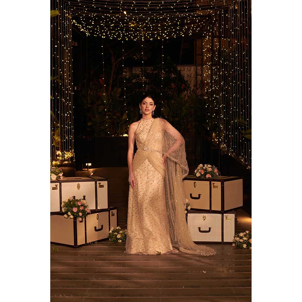 Jigar and Nikita Yellow Infinity Gown with Attached Drape