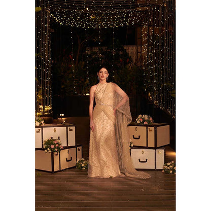 Jigar and Nikita Yellow Infinity Gown with Attached Drape